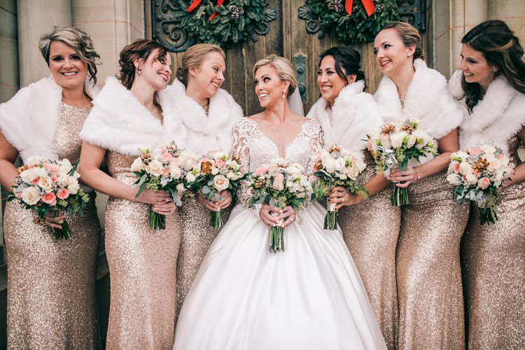 Winter Wreaths Decor Sequin Bride Bridesmaids Fur Tulle Blush Dress | Festive Glamour Christmas New Years Eve Wedding http://www.stevendrayimages.com/