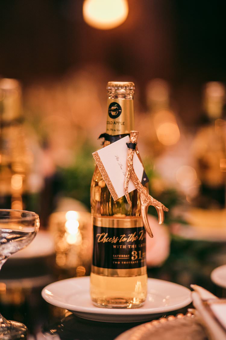 Gold Cider Bottle Table Antler Garland Foliage Decor Bespoke | Festive Glamour Christmas New Years Eve Wedding http://www.stevendrayimages.com/