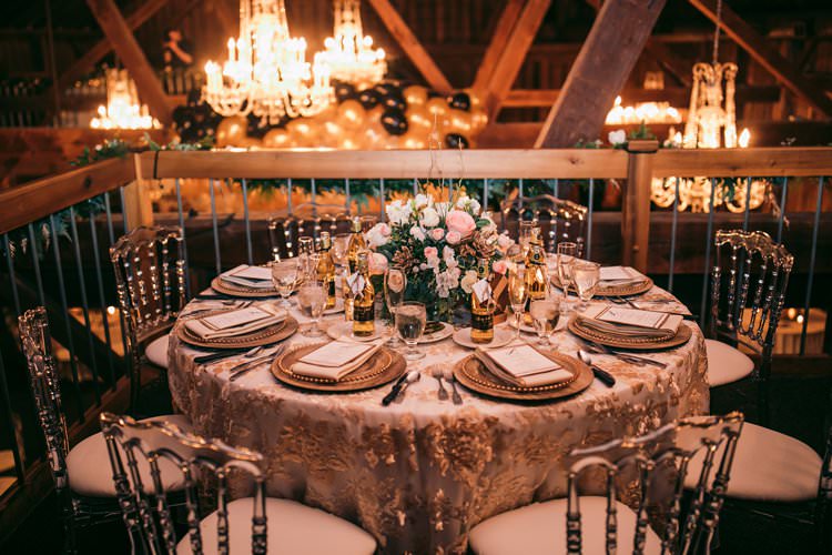 White Gold Glass Perspex Chairs Modern Pink Flowers Barn Decor | Festive Glamour Christmas New Years Eve Wedding http://www.stevendrayimages.com/