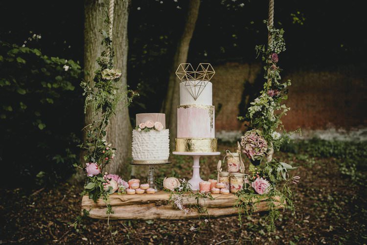 Pink Gold Blush Cake Metallic Heart Flowers Dessert Table Romantic Luxe Wedding Ideas in the Country http://benjaminmathers.co.uk/