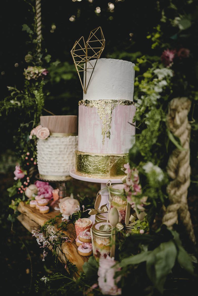 Pink Gold Blush Cake Metallic Heart Flowers Dessert Table Romantic Luxe Wedding Ideas in the Country http://benjaminmathers.co.uk/