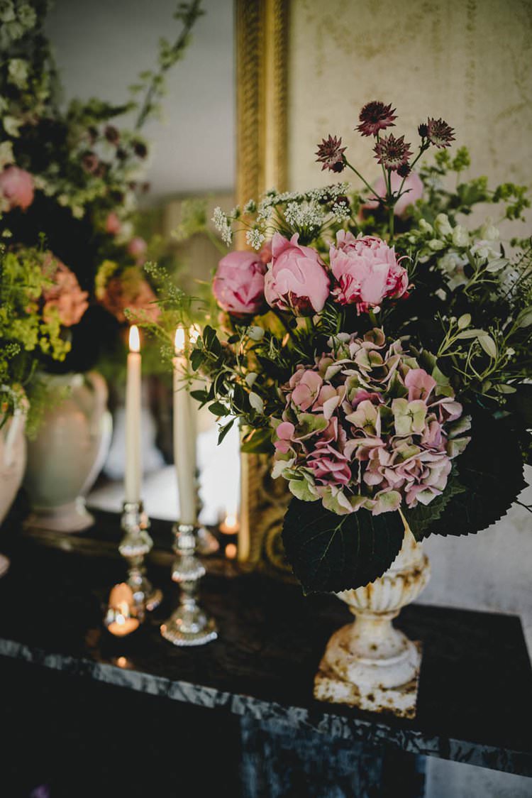 Pink Flowers Peony Peonies Hydrangea Rose Mantlepiece Romantic Luxe Wedding Ideas in the Country http://benjaminmathers.co.uk/
