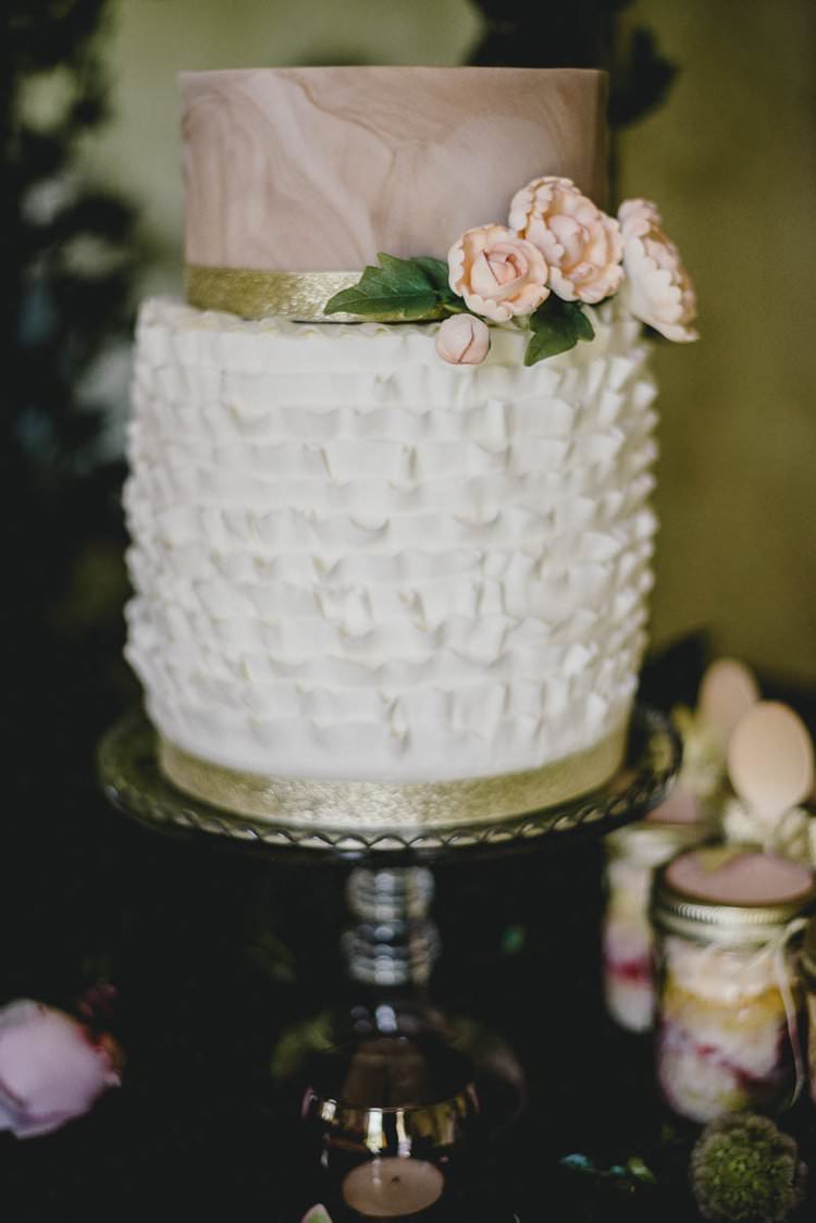 Pink Gold Blush Cake Metallic Heart Flowers Dessert Table Ruffle Romantic Luxe Wedding Ideas in the Country http://benjaminmathers.co.uk/