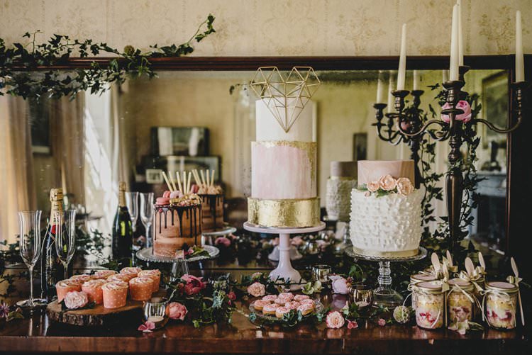Pink Gold Blush Cake Metallic Heart Flowers Dessert Table Romantic Luxe Wedding Ideas in the Country http://benjaminmathers.co.uk/