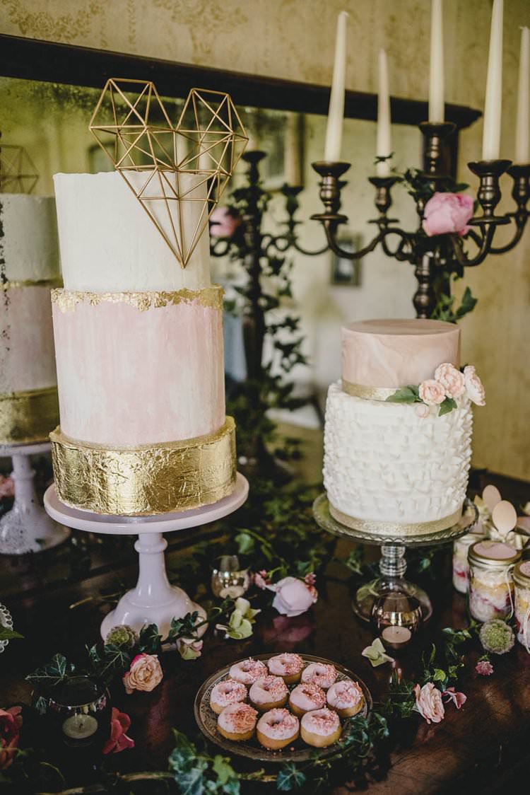 Pink Gold Blush Cake Metallic Heart Flowers Dessert Table Romantic Luxe Wedding Ideas in the Country http://benjaminmathers.co.uk/