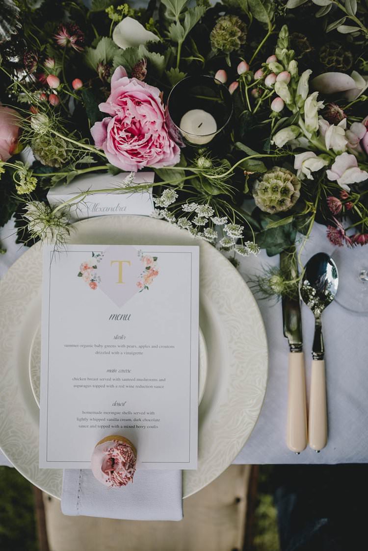 Place Setting Flowers Menu Pink Gold Donut Romantic Luxe Wedding Ideas in the Country http://benjaminmathers.co.uk/