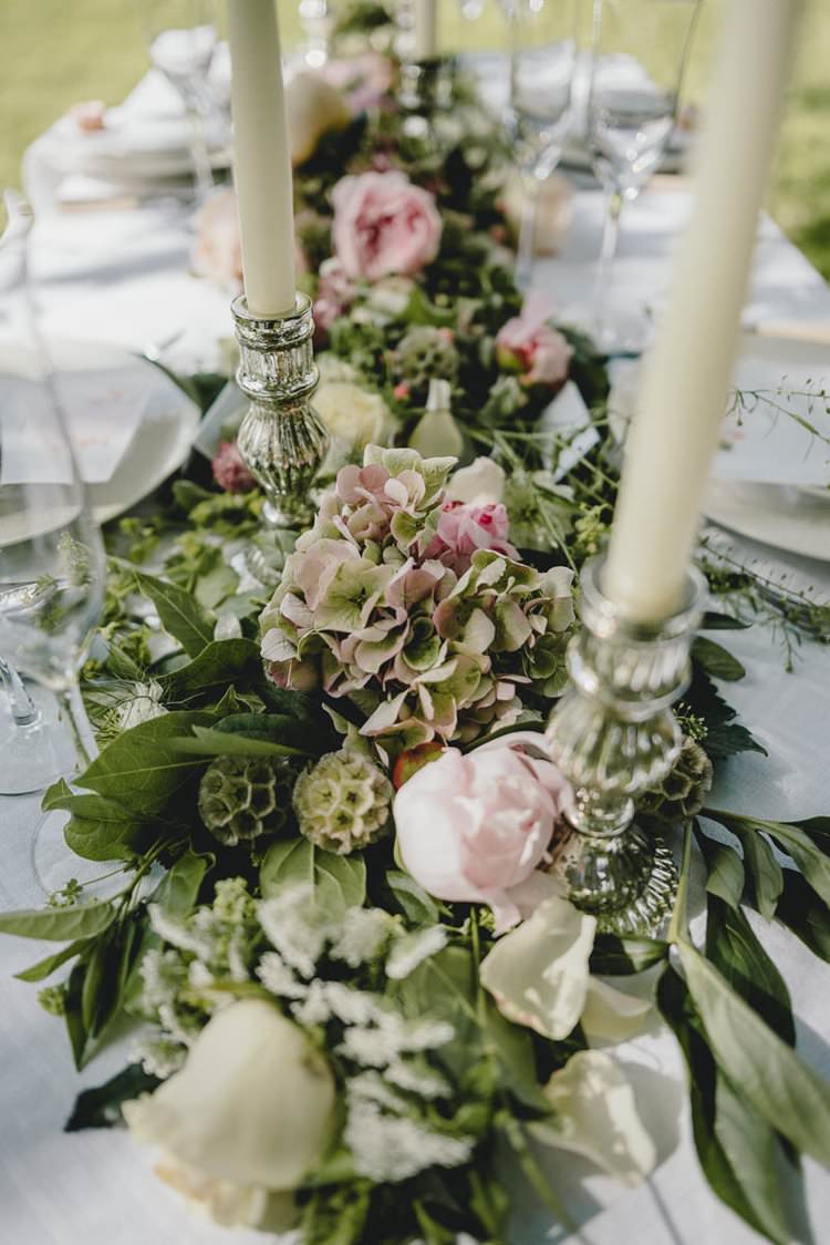 Pink Table Flowers Swag Garland Peony Peonies Hydrangea Rose Romantic Luxe Wedding Ideas in the Country http://benjaminmathers.co.uk/
