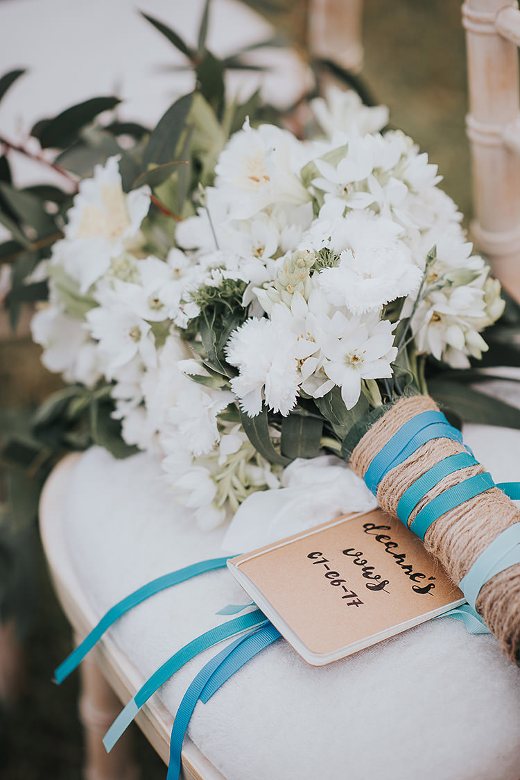 White Flowers Foliage Bouquet Ribbon Twine Bride Bridal Happy Crafty Summer Farm Wedding http://twigandvine.photography/