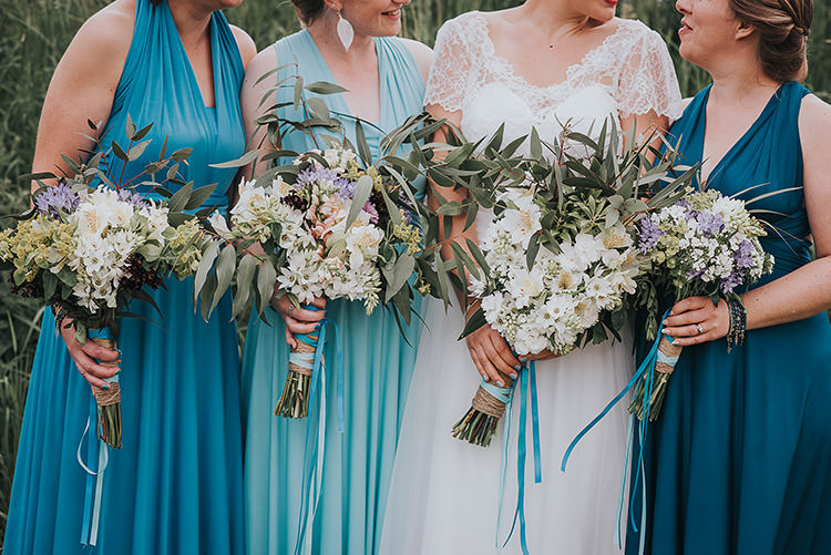 Bridesmaid Bouquets Flowers Blue White Happy Crafty Summer Farm Wedding http://twigandvine.photography/