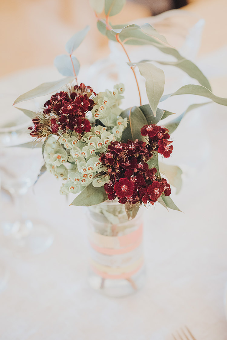 Jar Flowers Greenery Red Table Centrepiece Happy Crafty Summer Farm Wedding http://twigandvine.photography/