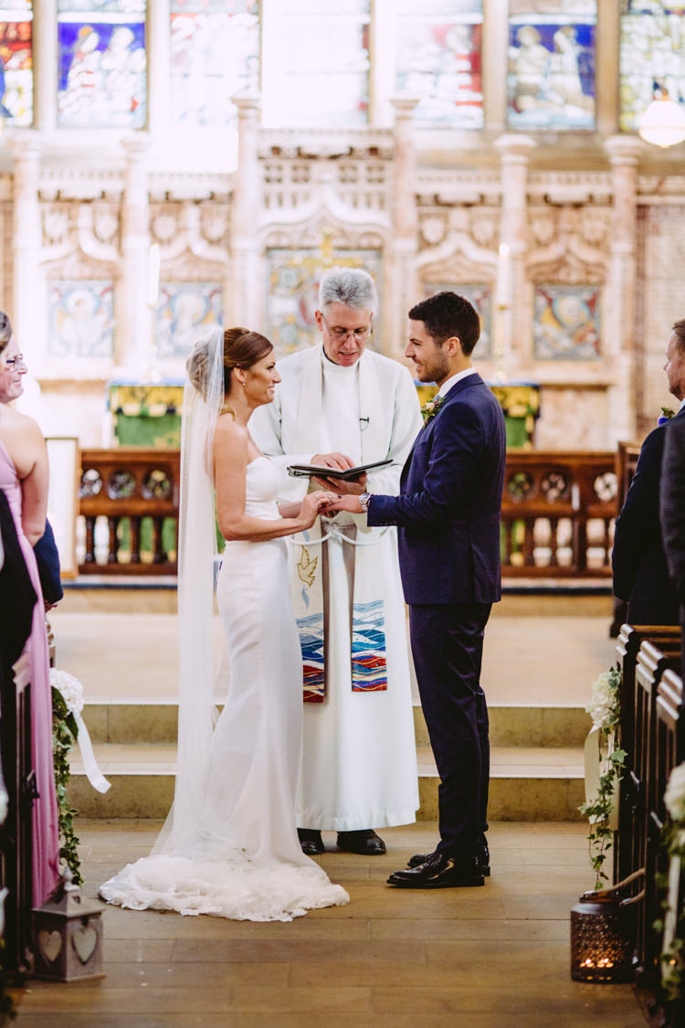 Bride Bridal Enzoani Fishtail Dress Gown Long Veil Navy Suit Rustic Cosy Autumn Wedding Lake District http://hayleybaxterphotography.com/