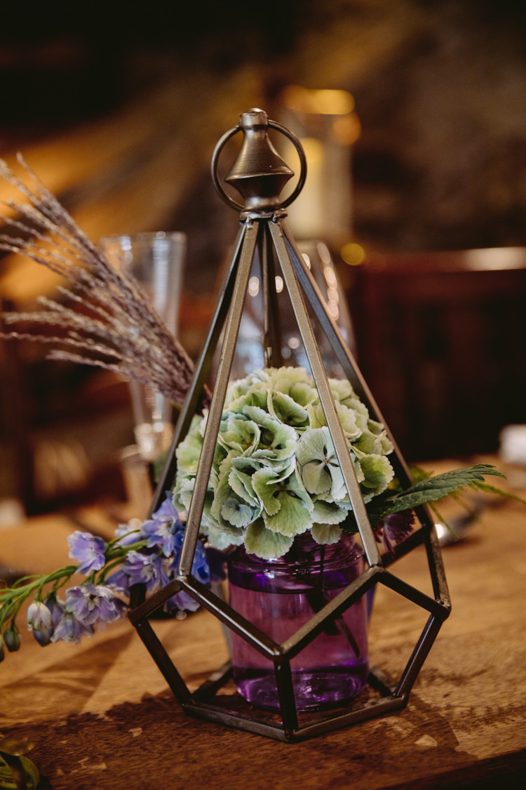 Jar Hydrangea Geometric Lantern Heather Table Centre Rustic Cosy Autumn Wedding Lake District http://hayleybaxterphotography.com/