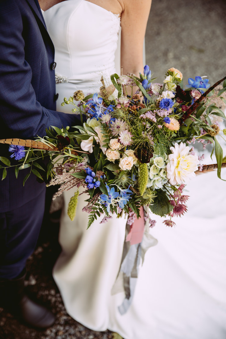 Bride Bridal Bouquet Flower Florals Wild Feather Fern Cornflower Rustic Cosy Autumn Wedding Lake District http://hayleybaxterphotography.com/