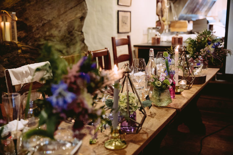 Table Centre Candlestick Florals Flower Geometric Lantern Hydrangea Jar Bottle Rustic Cosy Autumn Wedding Lake District http://hayleybaxterphotography.com/