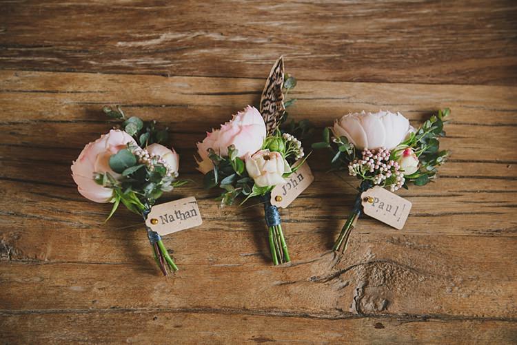 Buttonholes Peones Feather Groom Groomsmen Untraditional Pretty Travel Barn Wedding https://www.georgimabee.com/