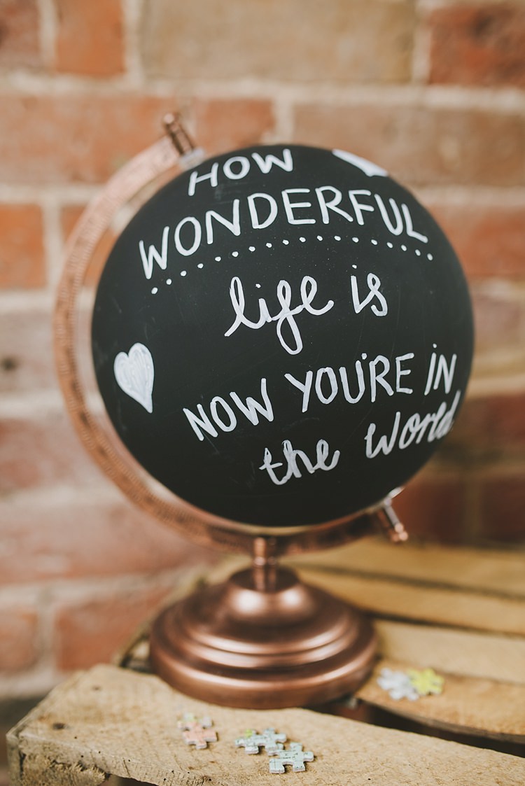 Painted Globe Quote Sign Untraditional Pretty Travel Barn Wedding https://www.georgimabee.com/