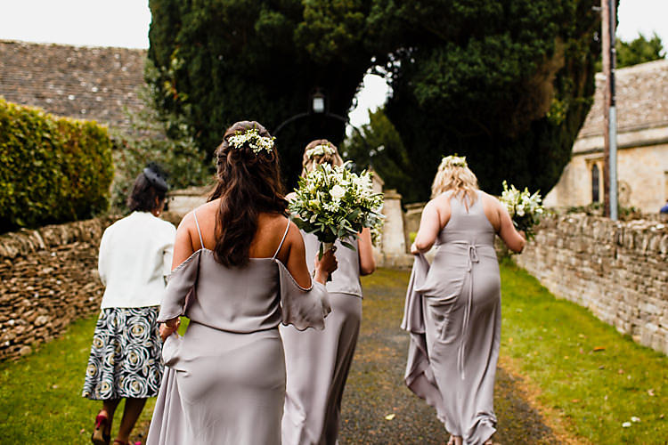 Grey Bridesmaids Long Dresses Chic Country Cotswolds Barn Wedding http://annabphotography.co.uk/