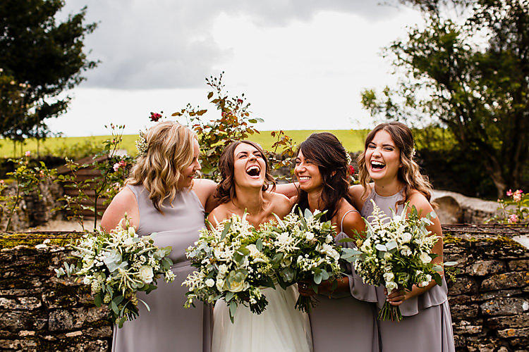 Grey Bridesmaid Dresses Bouquets Flowers White Green Chic Country Cotswolds Barn Wedding http://annabphotography.co.uk/
