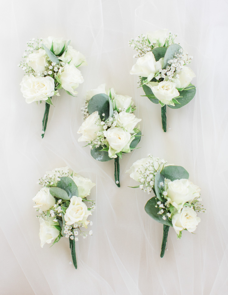 White Buttonholes Rose Eucalyptus Pastels Gold Pretty Summer Barn Wedding http://summerlilystudio.com/