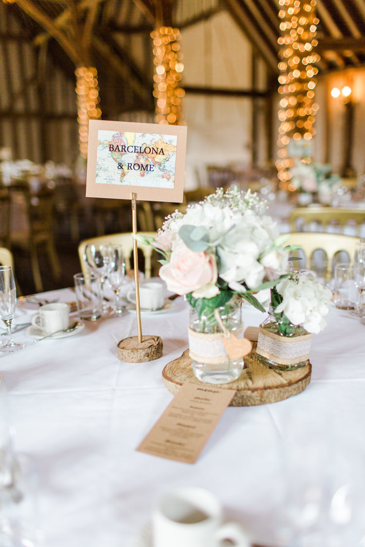 Map Travel Table Name Jar Flowers Pastels Gold Pretty Summer Barn Wedding http://summerlilystudio.com/