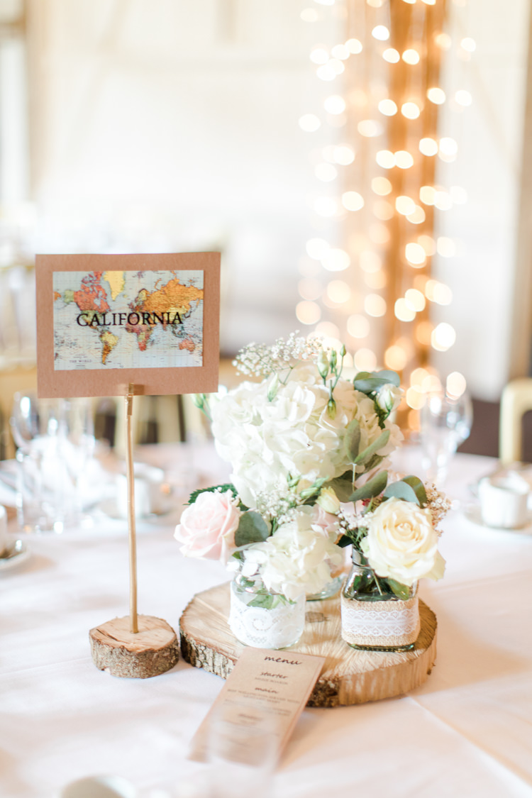 Table Decor Centrepiece Flowers Jars Log Hessian Lace Pastels Gold Pretty Summer Barn Wedding http://summerlilystudio.com/
