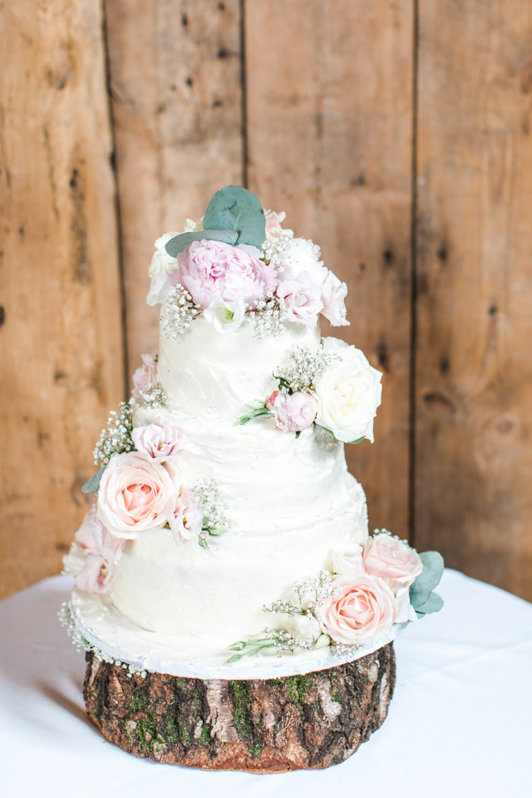 Buttercream Cake Flowers Log Stand Rustic Pastels Gold Pretty Summer Barn Wedding http://summerlilystudio.com/