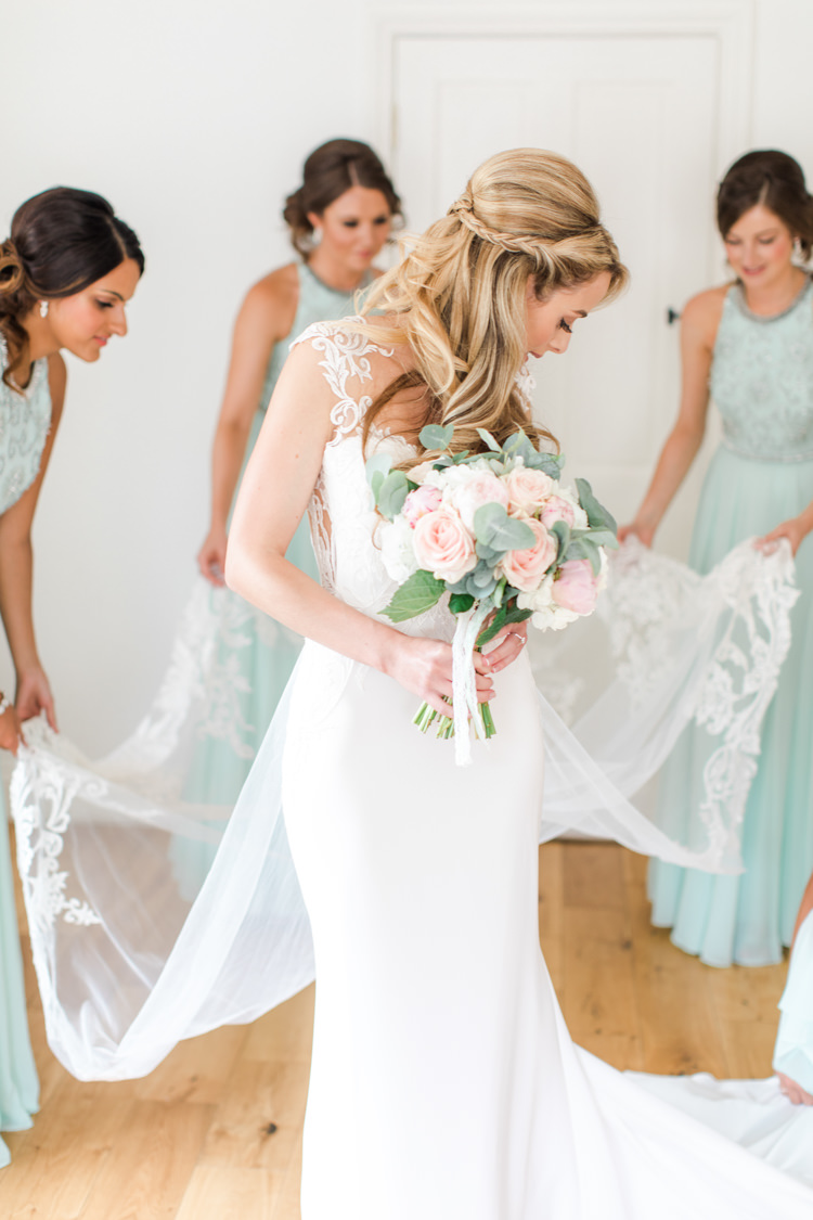 Dando London Bride Bridal Dress Gown Lace Plunge Straps Train Pastels Gold Pretty Summer Barn Wedding http://summerlilystudio.com/