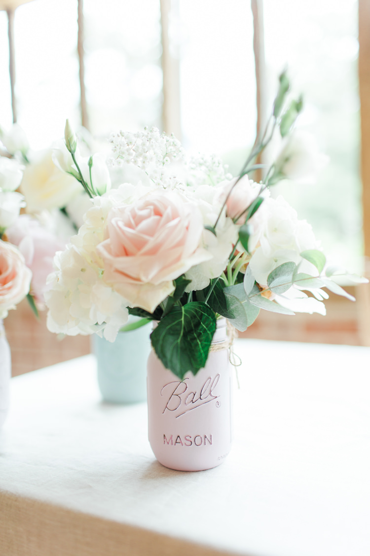 Mason Jars Flowers Decor Pastels Gold Pretty Summer Barn Wedding http://summerlilystudio.com/