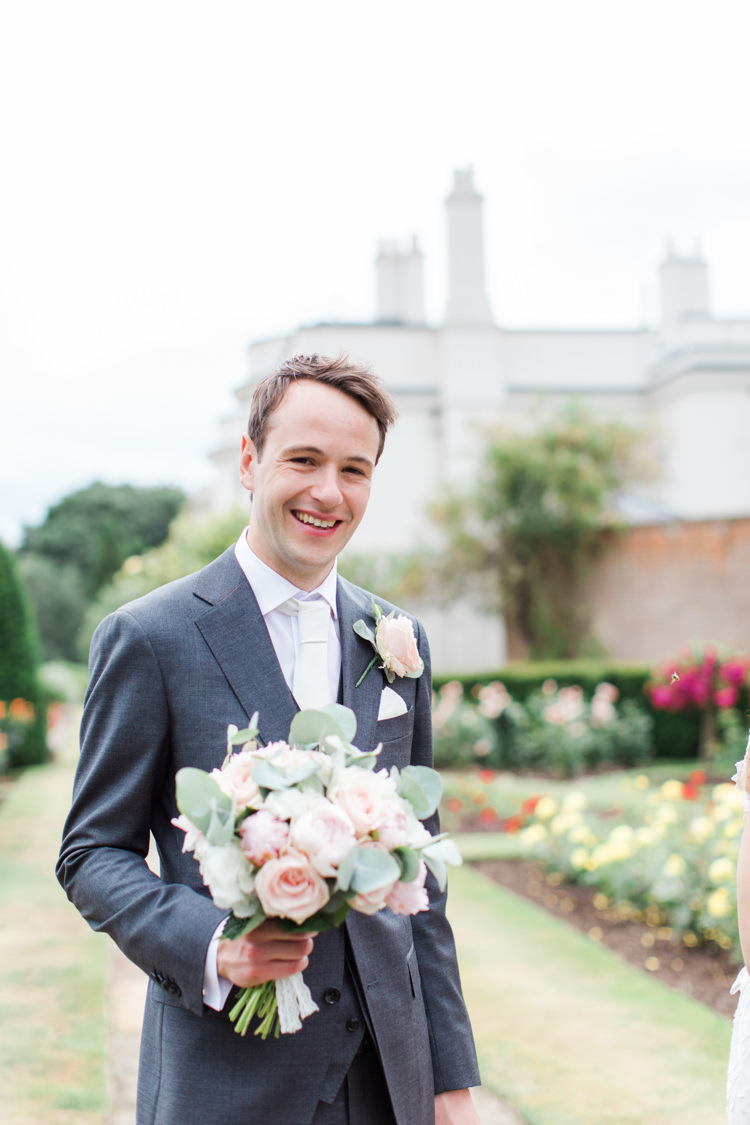 Groom Grey Suit Style Outfit Pastels Gold Pretty Summer Barn Wedding http://summerlilystudio.com/