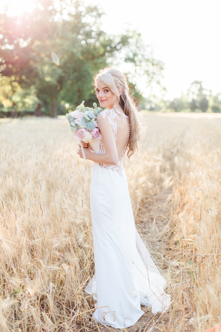 Dando London Bride Bridal Dress Gown Lace Plunge Straps Train Illusion Back Pastels Gold Pretty Summer Barn Wedding http://summerlilystudio.com/
