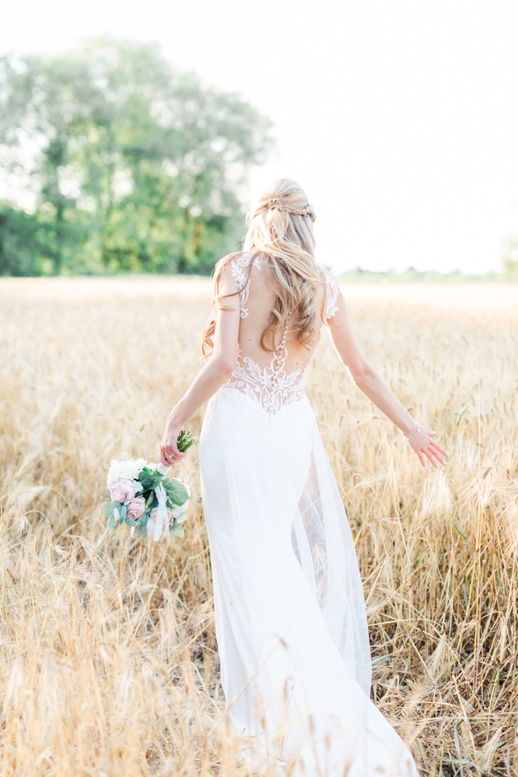 Dando London Bride Bridal Dress Gown Lace Plunge Straps Train Illusion Back Pastels Gold Pretty Summer Barn Wedding http://summerlilystudio.com/