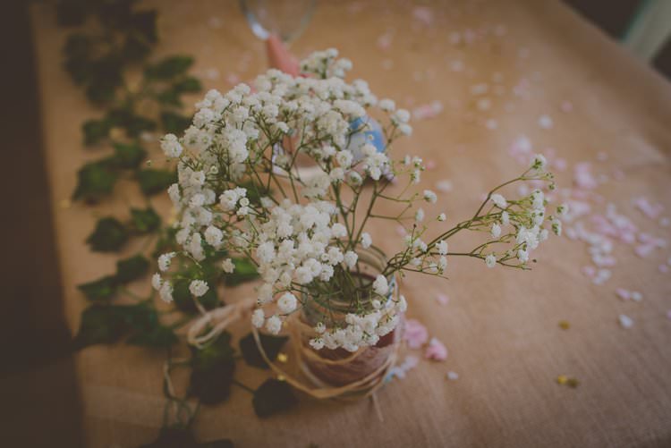 Gypsophila Flowers Hessian Jars Decor Bohemian Ethical Vegan Country Wedding http://laurarhianphotography.co.uk/