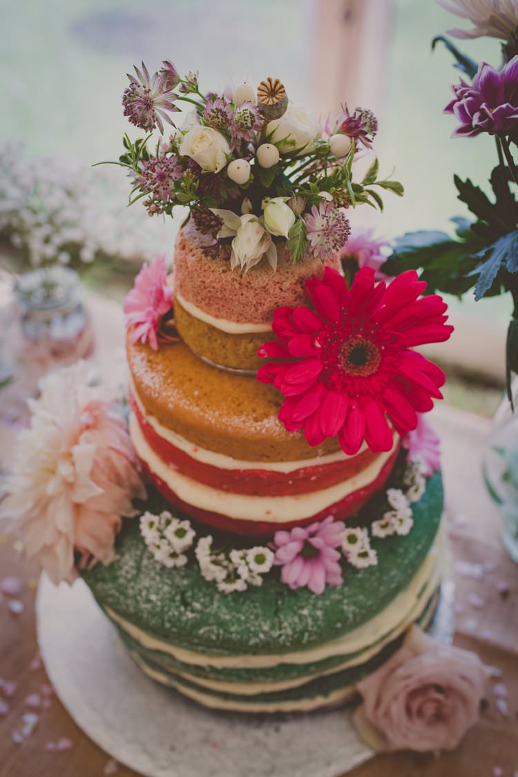 Naked Rainbow Cake Layer Flowers Sponge Bohemian Ethical Vegan Country Wedding http://laurarhianphotography.co.uk/