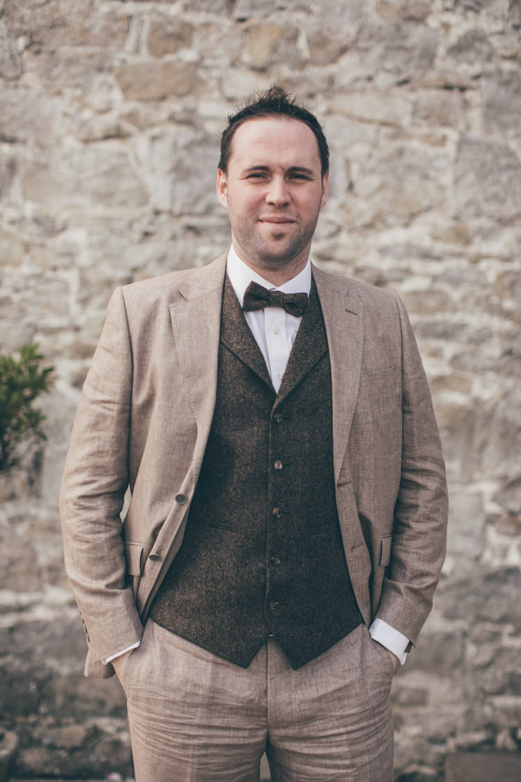 Brown Tweed Suit Waistcoat Bow Tie Groom Natural Earthy Greenery Home Made Wedding http://rachellambertphotography.co.uk/