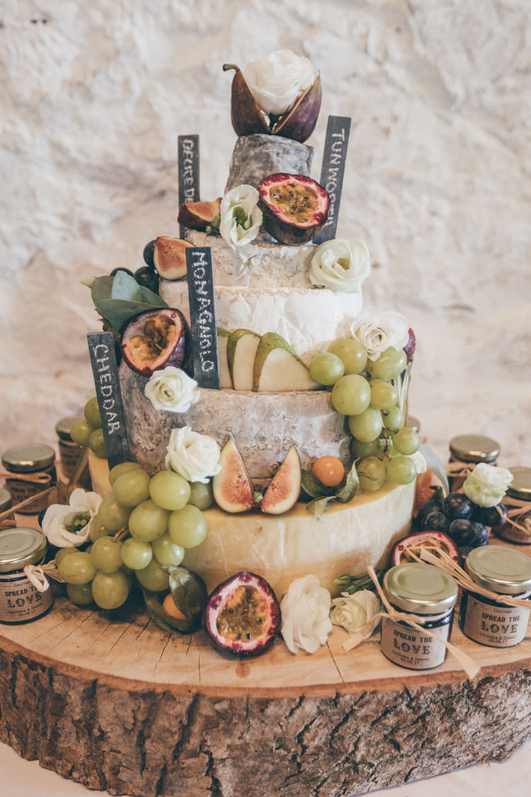 Cheese Stack Tower Cake Fruit Chutney Log Stand Natural Earthy Greenery Home Made Wedding http://rachellambertphotography.co.uk/
