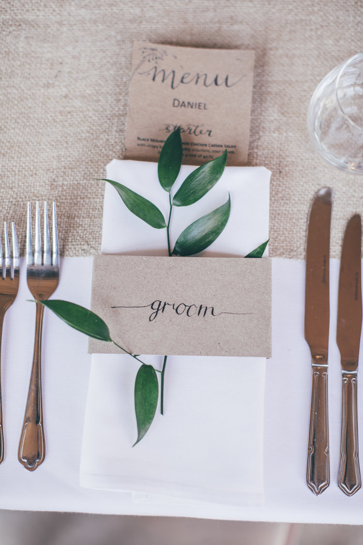 Place Name Setting Kraft Brown Paper Place Name Calligraphy Natural Earthy Greenery Home Made Wedding http://rachellambertphotography.co.uk/
