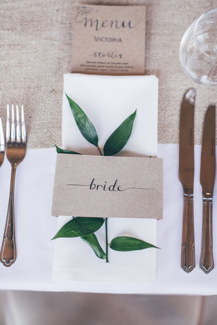 Place Name Setting Kraft Brown Paper Place Name Calligraphy Natural Earthy Greenery Home Made Wedding http://rachellambertphotography.co.uk/