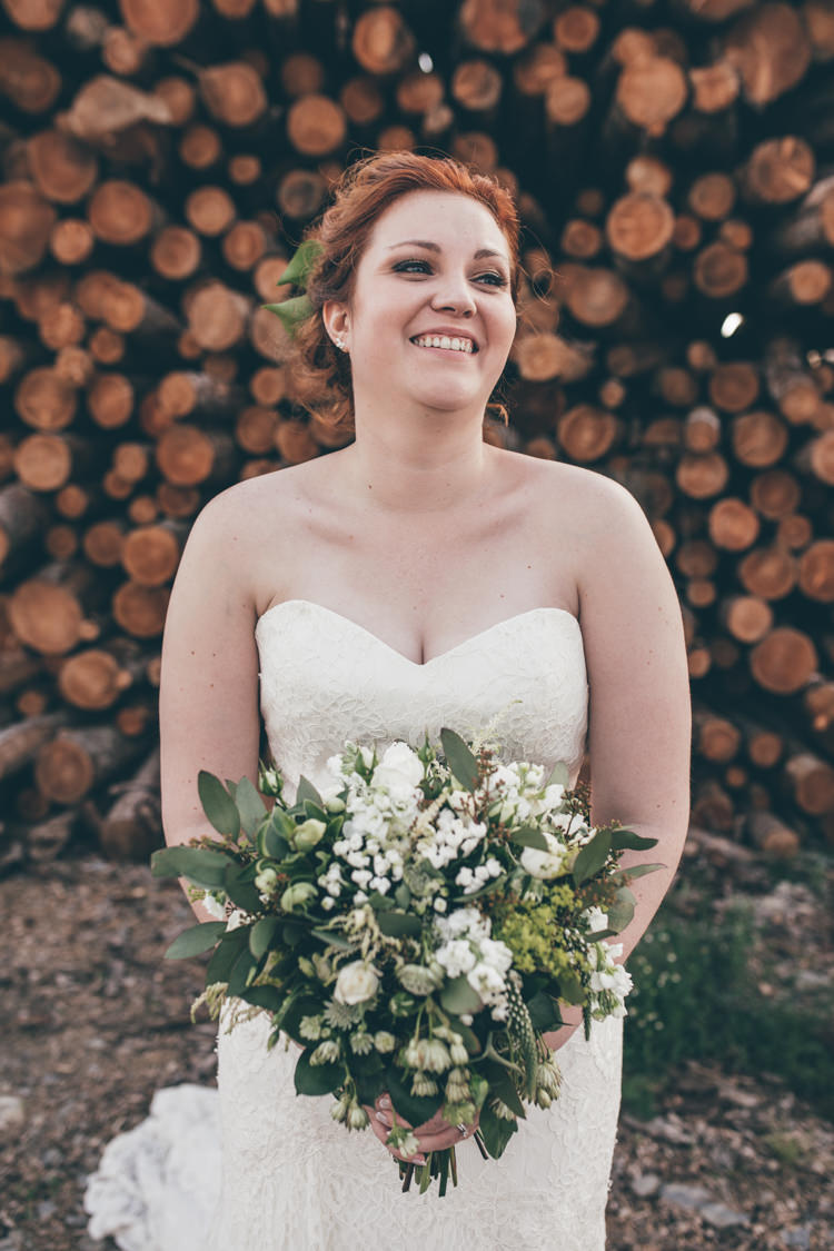 Bride Bridal Strapless Lace Dress Gown Bouquet Foliage Natural Earthy Greenery Home Made Wedding http://rachellambertphotography.co.uk/