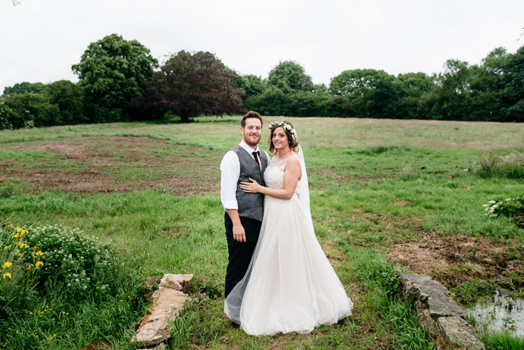 Bride Bridal Dress Gown Watters Sleeveless Flower Floral Crown Bespoke Groom Waistcoat Three Piece Navy Grey Burgundy Relaxed Rustic Country Farm Wedding https://www.chris-seddon.co.uk/