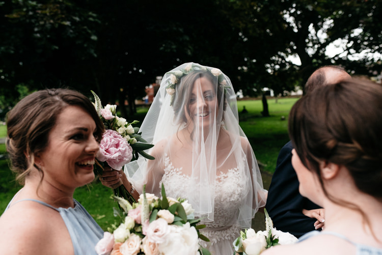Bride Bridal Veil Flower Crown Watters Dress Gown Halter Neck Pale Baby Blue Dress Bouquet Relaxed Rustic Country Farm Wedding https://www.chris-seddon.co.uk/