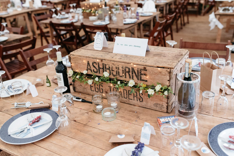 Wooden Table Crate Picnic Hamper Fairy Lights Setting Square Relaxed Rustic Country Farm Wedding https://www.chris-seddon.co.uk/