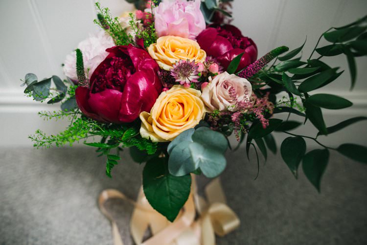 Bride Bridal Bouquet Peonies Roses Foliage Eucalyptus Jewel Tones Flowers Colourful Floral Family Friendly Wedding http://www.sallytphoto.com/