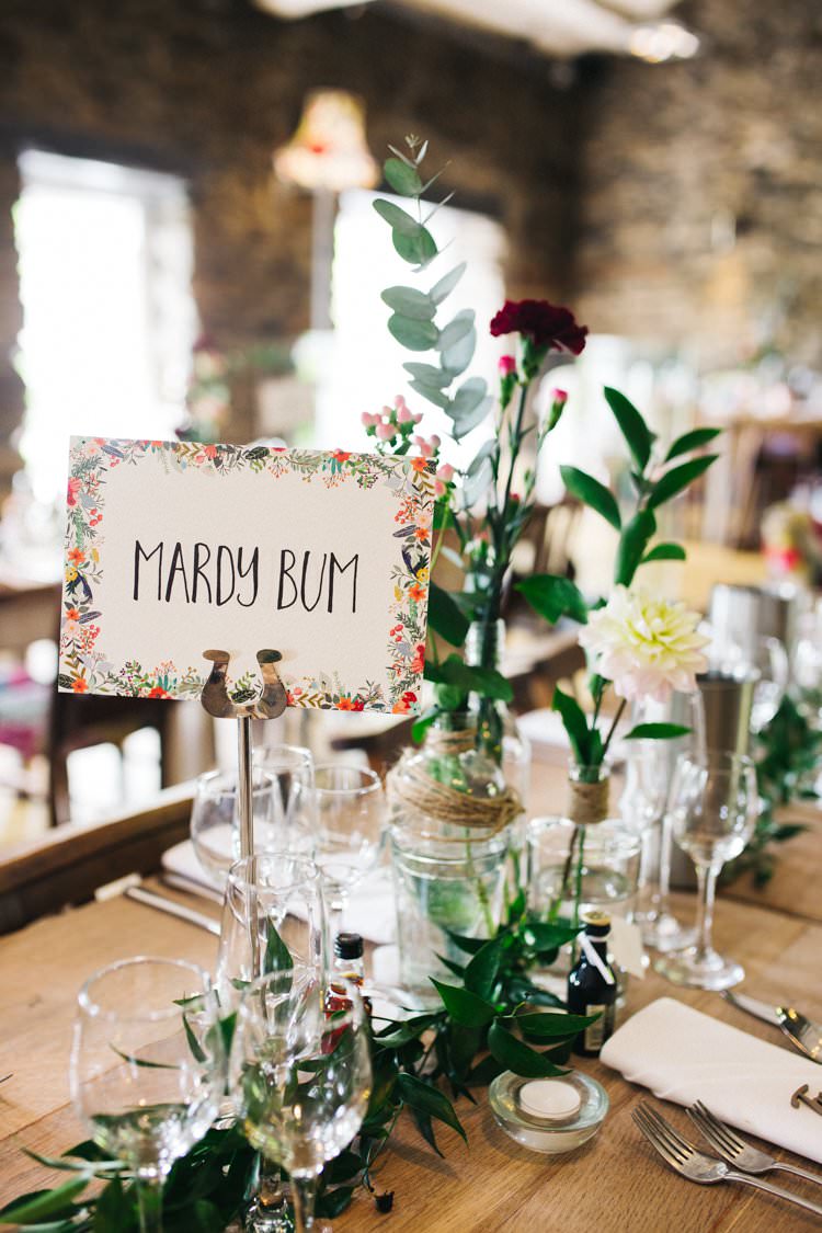 Table Name Centre Foliage Jars Bottles Glass Mismatched Twine Eucalyptus Colourful Floral Family Friendly Wedding http://www.sallytphoto.com/