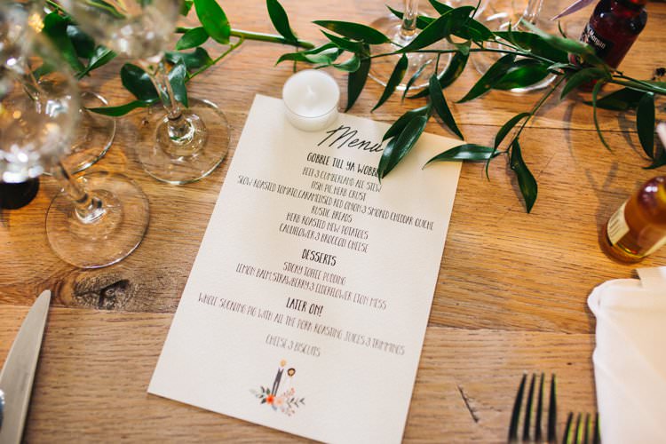 Bespoke Menu Modern Calligraphy Table Runner Foliage Colourful Floral Family Friendly Wedding http://www.sallytphoto.com/
