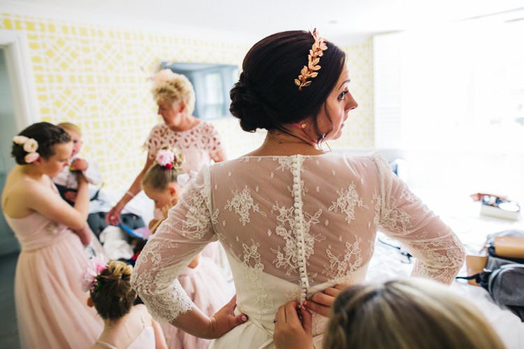 Bride Bridal Lace Long Sleeve Tea Length Dress Gown Louise Bentley Rose Gold Crown Hairpiece Colourful Floral Family Friendly Wedding http://www.sallytphoto.com/