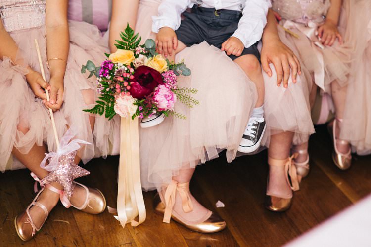 Flower Girls Bridesmaids Ballet Shoes Gold Tulle Bouquet Peony Rose Fern Colourful Floral Family Friendly Wedding http://www.sallytphoto.com/