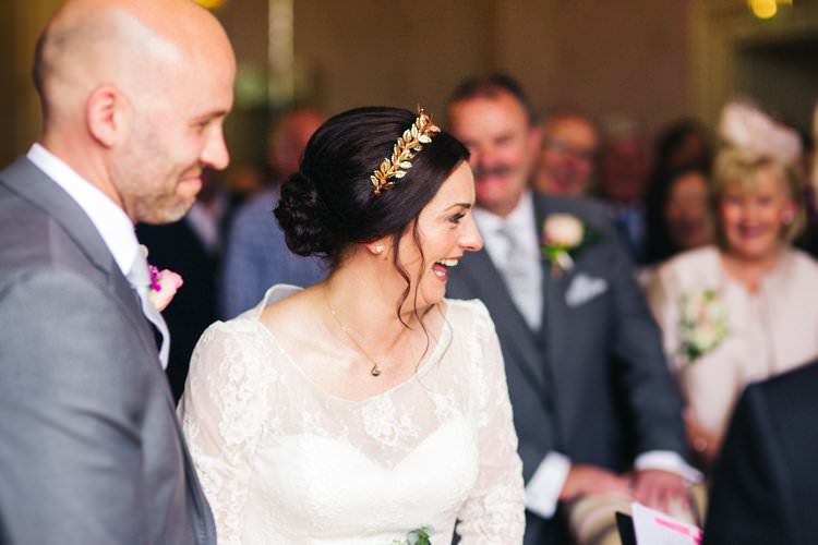 Long Sleeve Lace Dress Gown Bride Bridal Louise Bentley Rose Gold Crown Hairpiece Grey Suit Groom Colourful Floral Family Friendly Wedding http://www.sallytphoto.com/