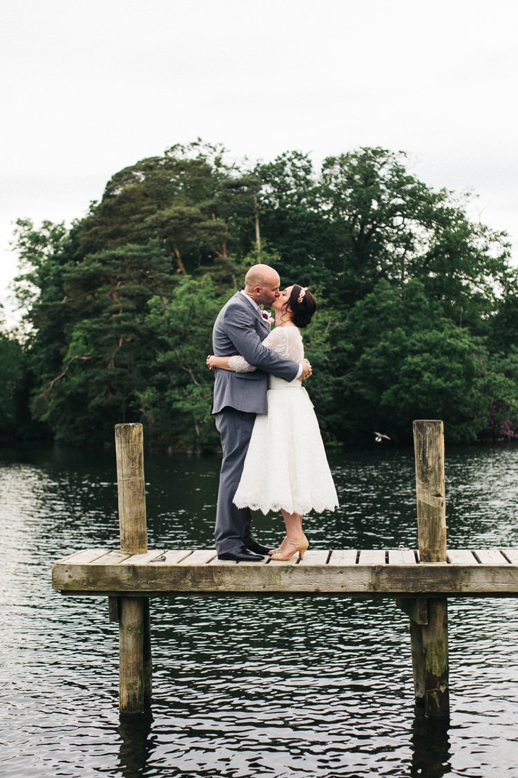 Bride Bridal Tea Length Louise Bentley Lace Three Quarter Sleeve T-Bar Shoes Rose Gold Leaf Crown Grey Suit Groom Colourful Floral Family Friendly Wedding http://www.sallytphoto.com/