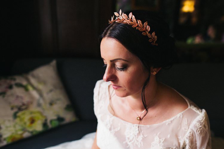 Hair Piece Rose Gold Leaf Crown Up Do Lace Three Quarter Length Sleeve Dress Bride Bridal Gown Colourful Floral Family Friendly Wedding http://www.sallytphoto.com/