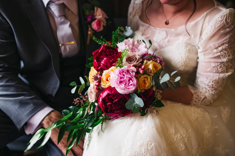 Bride Bridal Bouquet Jewel Tones Multicolour Foliage Peony Rose Colourful Floral Family Friendly Wedding http://www.sallytphoto.com/